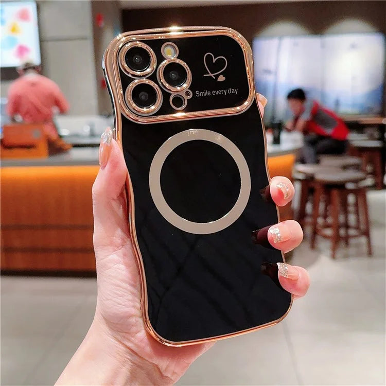 For iPhone 15 Pro Max Magnetic Case Heart Pattern TPU Phone Cover Wave Frame Electroplate