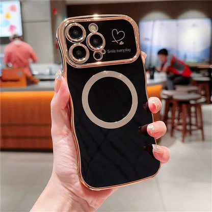 For iPhone 15 Pro Max Magnetic Case Heart Pattern TPU Phone Cover Wave Frame Electroplate