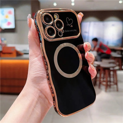 For iPhone 15 Pro Max Magnetic Case Heart Pattern TPU Phone Cover Wave Frame Electroplate