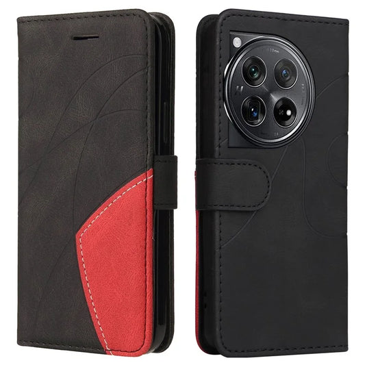 KT Leather Series-1 For OnePlus 12 5G Case Folio Flip Leather Phone Cover 2 Color Splicing