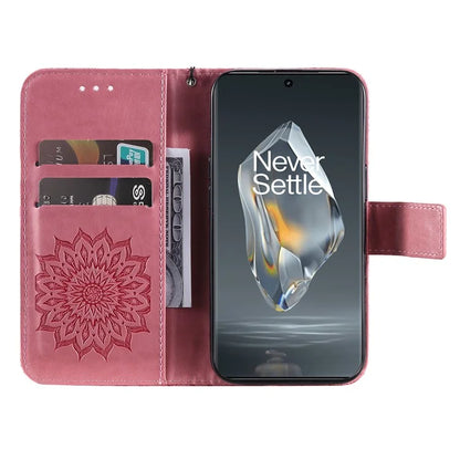 KT Imprinting Flower Series-1 For OnePlus 12R 5G / Ace 3 5G Case PU Leather Sunflower Flip Folio Phone Cover