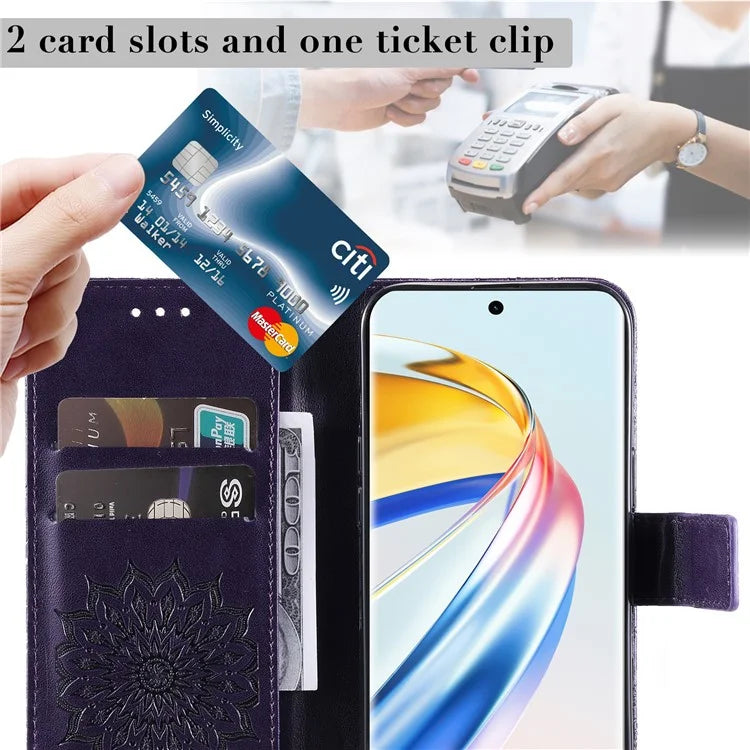 KT Imprinting Flower Series-1 For Honor Magic6 Lite 5G / X9b 5G / X50 5G Case Sunflower Leather Wallet Phone Cover