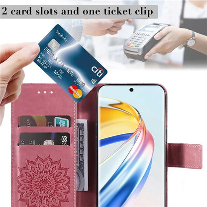 KT Imprinting Flower Series-1 For Honor Magic6 Lite 5G / X9b 5G / X50 5G Case Sunflower Leather Wallet Phone Cover