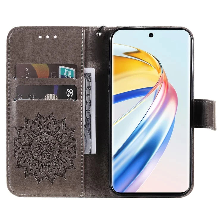 KT Imprinting Flower Series-1 For Honor Magic6 Lite 5G / X9b 5G / X50 5G Case Sunflower Leather Wallet Phone Cover