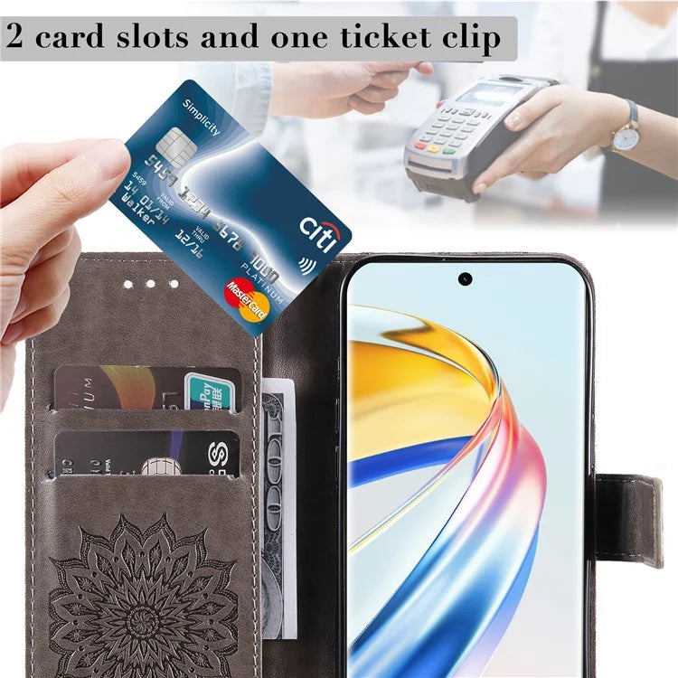 KT Imprinting Flower Series-1 For Honor Magic6 Lite 5G / X9b 5G / X50 5G Case Sunflower Leather Wallet Phone Cover