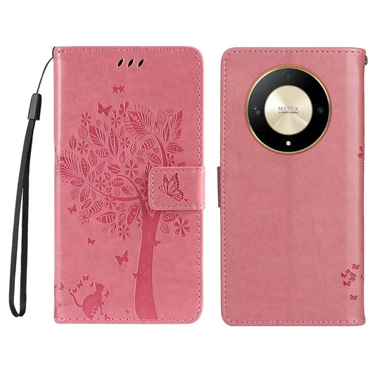 KT Imprinting Flower Series-3 For Honor Magic6 Lite 5G / X9b 5G / X50 5G Case Leather Phone Cover Tree Cat Standing Function