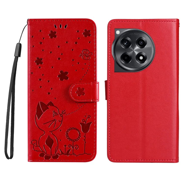 KT Imprinting Flower Series-4 For OnePlus 12R 5G / Ace 3 5G Case Wallet Leather Phone Cover Cat and Bee Animal Design