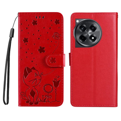 KT Imprinting Flower Series-4 For OnePlus 12R 5G / Ace 3 5G Case Wallet Leather Phone Cover Cat and Bee Animal Design
