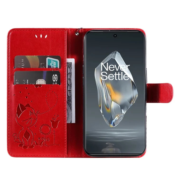 KT Imprinting Flower Series-4 For OnePlus 12R 5G / Ace 3 5G Case Wallet Leather Phone Cover Cat and Bee Animal Design