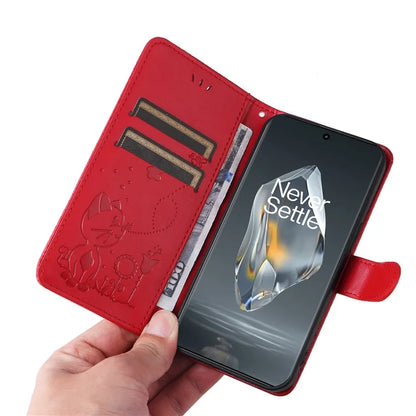 KT Imprinting Flower Series-4 For OnePlus 12R 5G / Ace 3 5G Case Wallet Leather Phone Cover Cat and Bee Animal Design