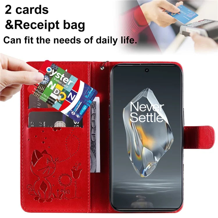 KT Imprinting Flower Series-4 For OnePlus 12R 5G / Ace 3 5G Case Wallet Leather Phone Cover Cat and Bee Animal Design