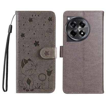 KT Imprinting Flower Series-4 For OnePlus 12R 5G / Ace 3 5G Case Wallet Leather Phone Cover Cat and Bee Animal Design