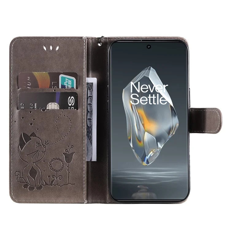 KT Imprinting Flower Series-4 For OnePlus 12R 5G / Ace 3 5G Case Wallet Leather Phone Cover Cat and Bee Animal Design