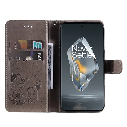 KT Imprinting Flower Series-4 For OnePlus 12R 5G / Ace 3 5G Case Wallet Leather Phone Cover Cat and Bee Animal Design