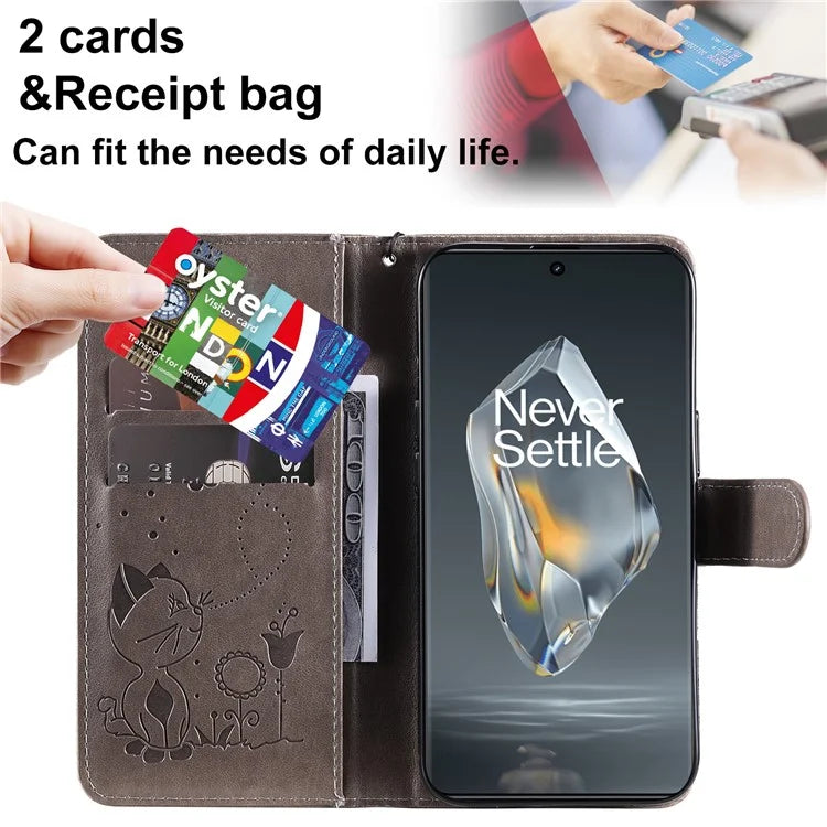 KT Imprinting Flower Series-4 For OnePlus 12R 5G / Ace 3 5G Case Wallet Leather Phone Cover Cat and Bee Animal Design