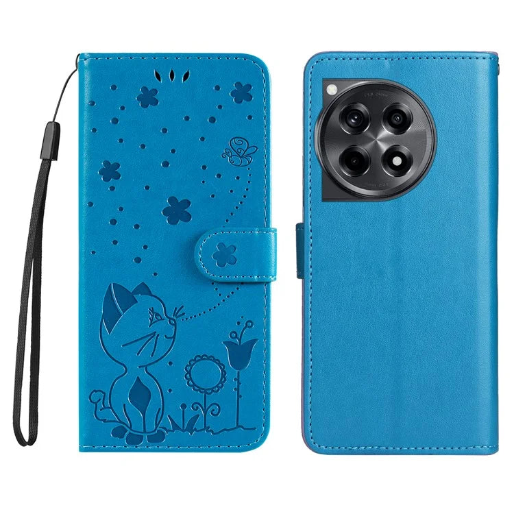 KT Imprinting Flower Series-4 For OnePlus 12R 5G / Ace 3 5G Case Wallet Leather Phone Cover Cat and Bee Animal Design