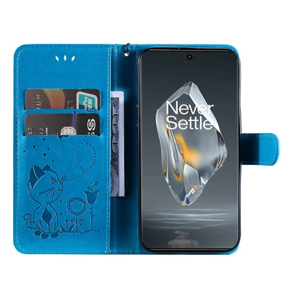 KT Imprinting Flower Series-4 For OnePlus 12R 5G / Ace 3 5G Case Wallet Leather Phone Cover Cat and Bee Animal Design