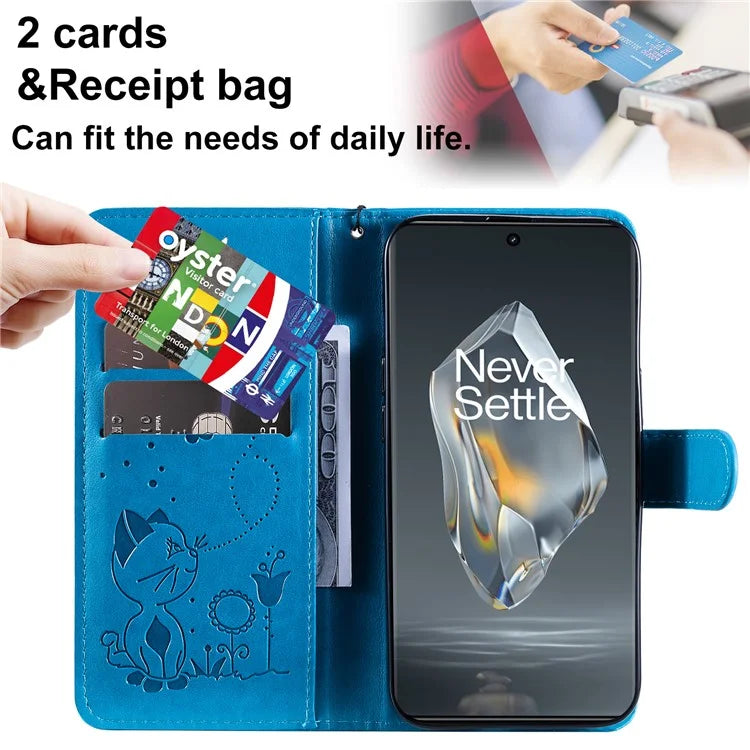 KT Imprinting Flower Series-4 For OnePlus 12R 5G / Ace 3 5G Case Wallet Leather Phone Cover Cat and Bee Animal Design