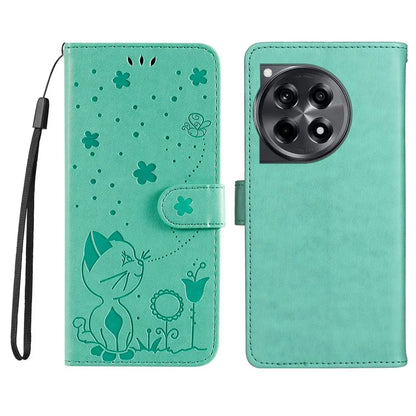 KT Imprinting Flower Series-4 For OnePlus 12R 5G / Ace 3 5G Case Wallet Leather Phone Cover Cat and Bee Animal Design