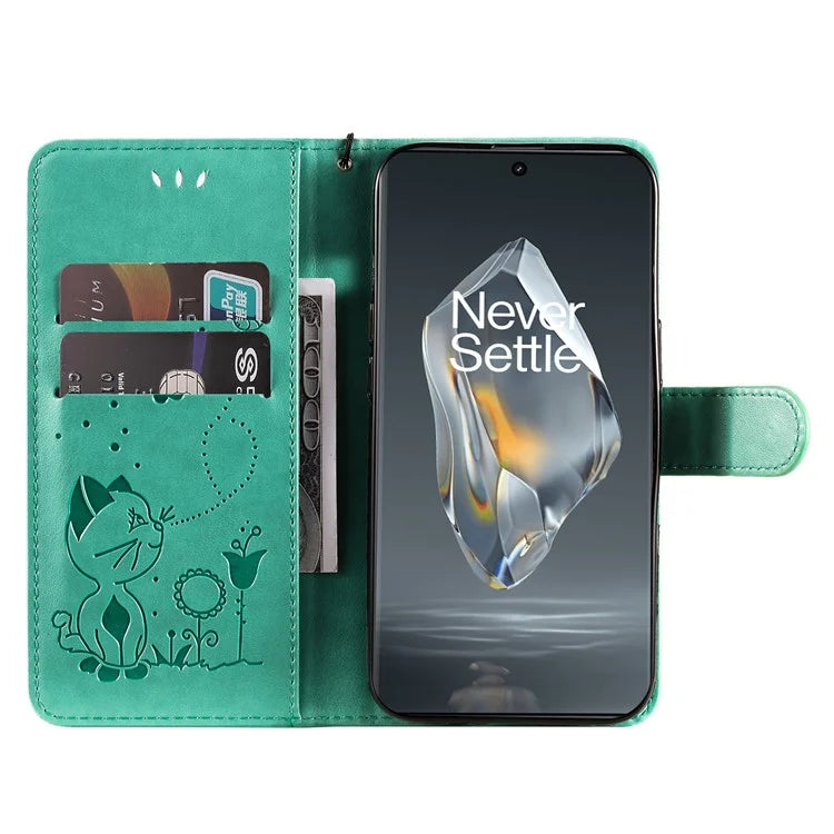 KT Imprinting Flower Series-4 For OnePlus 12R 5G / Ace 3 5G Case Wallet Leather Phone Cover Cat and Bee Animal Design