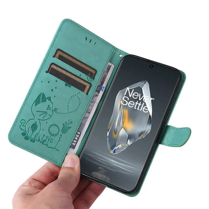 KT Imprinting Flower Series-4 For OnePlus 12R 5G / Ace 3 5G Case Wallet Leather Phone Cover Cat and Bee Animal Design