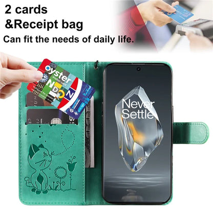 KT Imprinting Flower Series-4 For OnePlus 12R 5G / Ace 3 5G Case Wallet Leather Phone Cover Cat and Bee Animal Design