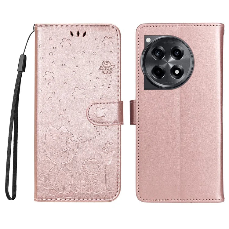 KT Imprinting Flower Series-4 For OnePlus 12R 5G / Ace 3 5G Case Wallet Leather Phone Cover Cat and Bee Animal Design