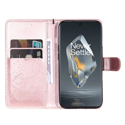 KT Imprinting Flower Series-4 For OnePlus 12R 5G / Ace 3 5G Case Wallet Leather Phone Cover Cat and Bee Animal Design