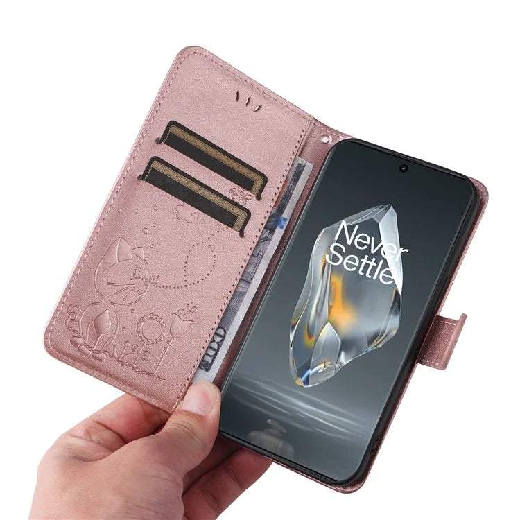 KT Imprinting Flower Series-4 For OnePlus 12R 5G / Ace 3 5G Case Wallet Leather Phone Cover Cat and Bee Animal Design