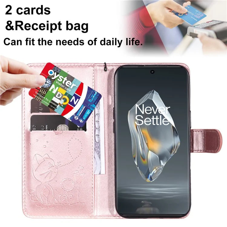 KT Imprinting Flower Series-4 For OnePlus 12R 5G / Ace 3 5G Case Wallet Leather Phone Cover Cat and Bee Animal Design