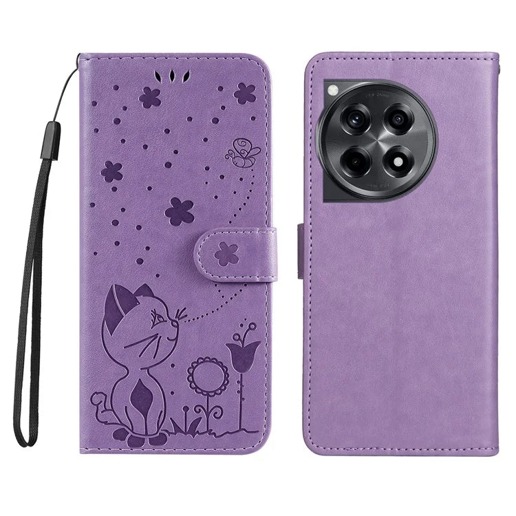 KT Imprinting Flower Series-4 For OnePlus 12R 5G / Ace 3 5G Case Wallet Leather Phone Cover Cat and Bee Animal Design