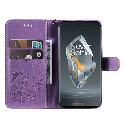 KT Imprinting Flower Series-4 For OnePlus 12R 5G / Ace 3 5G Case Wallet Leather Phone Cover Cat and Bee Animal Design