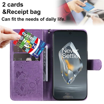 KT Imprinting Flower Series-4 For OnePlus 12R 5G / Ace 3 5G Case Wallet Leather Phone Cover Cat and Bee Animal Design