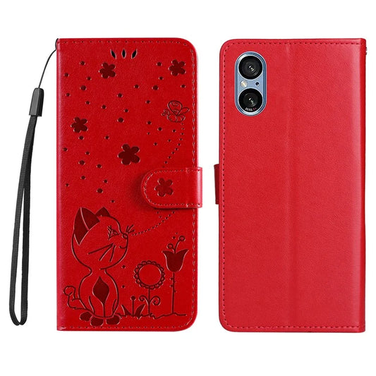KT Imprinting Flower Series-4 For Sony Xperia 10 VI Case Bee Cat PU Leather Flip Folio Phone Cover