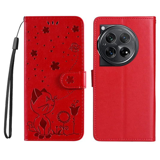 KT Imprinting Flower Series-4 For OnePlus 12 5G Case Cat Bee PU Leather Phone Cover Wallet Card Holder