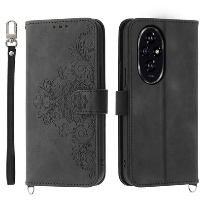For Honor 200 5G Case Flower Pattern PU Leather Wallet Phone Cover with Shoulder Strap