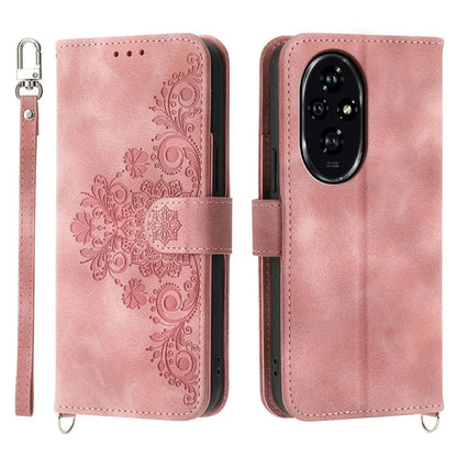 For Honor 200 5G Case Flower Pattern PU Leather Wallet Phone Cover with Shoulder Strap