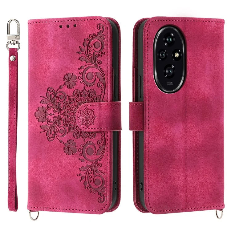 For Honor 200 5G Case Flower Pattern PU Leather Wallet Phone Cover with Shoulder Strap
