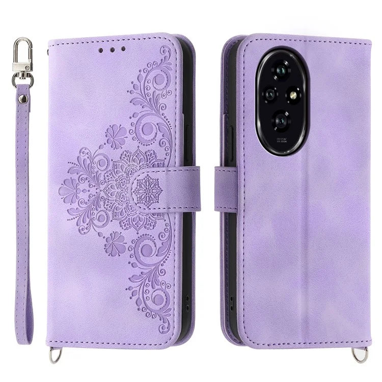For Honor 200 5G Case Flower Pattern PU Leather Wallet Phone Cover with Shoulder Strap