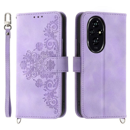 For Honor 200 5G Case Flower Pattern PU Leather Wallet Phone Cover with Shoulder Strap
