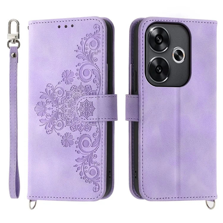 For Xiaomi Redmi Turbo 3 5G / Poco F6 5G Phone Case Flower Pattern PU Leather Wallet Cover with Straps
