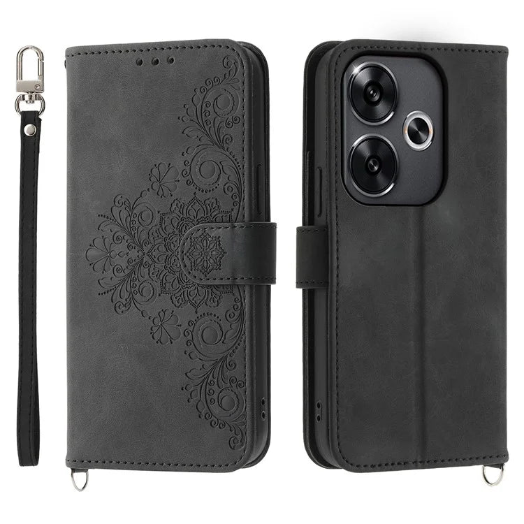 For Xiaomi Redmi Turbo 3 5G / Poco F6 5G Phone Case Flower Pattern PU Leather Wallet Cover with Straps