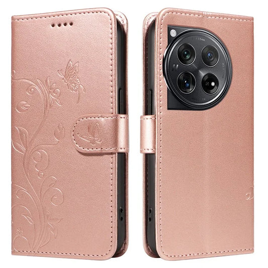 For OnePlus 12 5G Case Wallet Flip PU Leather Phone Cover Butterfly and Flower Imprinted