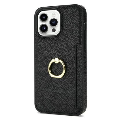 For iPhone 16 Pro Max Kickstand Case PU+TPU Card Holder Phone Cover