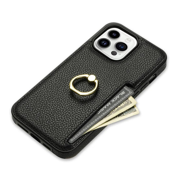 For iPhone 16 Pro Max Kickstand Case PU+TPU Card Holder Phone Cover