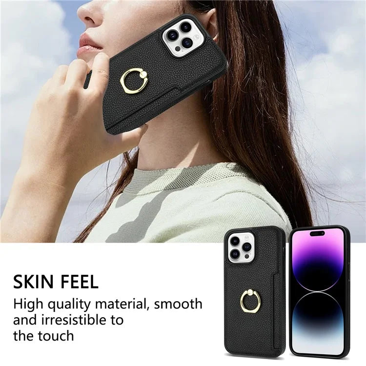 For iPhone 16 Pro Max Kickstand Case PU+TPU Card Holder Phone Cover