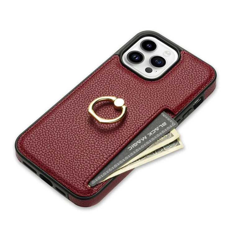 For iPhone 16 Pro Max Kickstand Case PU+TPU Card Holder Phone Cover