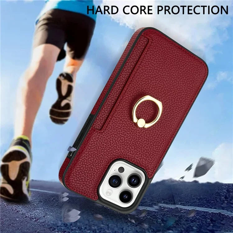 For iPhone 16 Pro Max Kickstand Case PU+TPU Card Holder Phone Cover