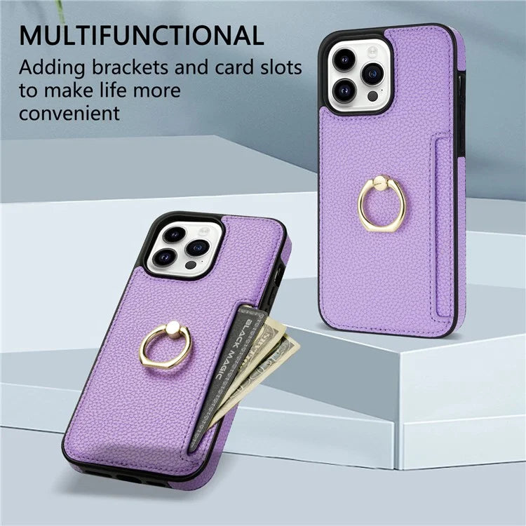 For iPhone 16 Pro Max Kickstand Case PU+TPU Card Holder Phone Cover