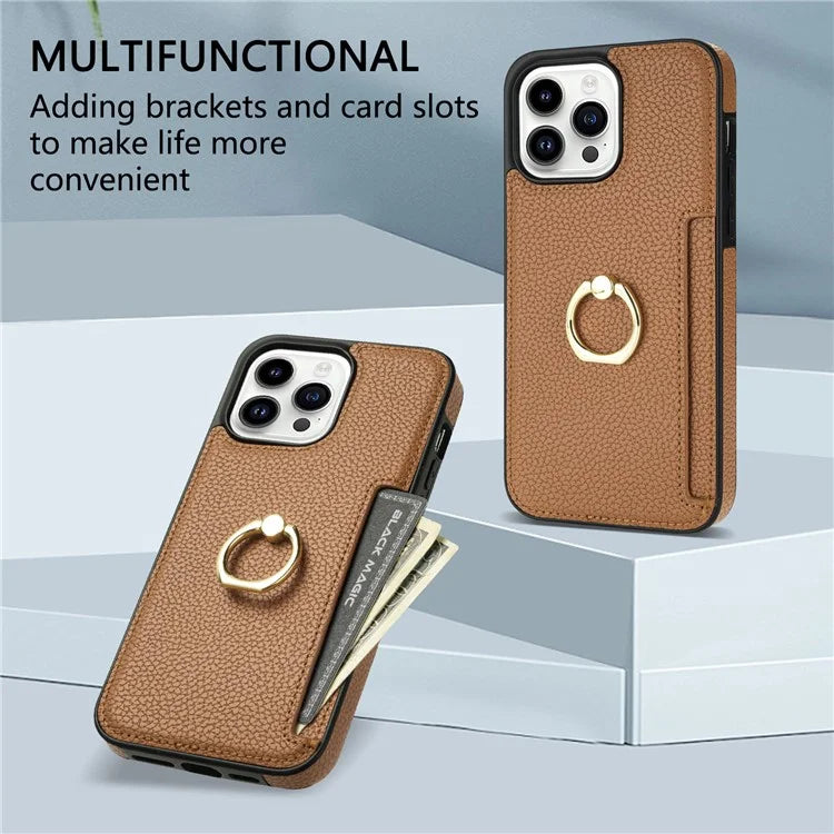 For iPhone 16 Pro Max Kickstand Case PU+TPU Card Holder Phone Cover